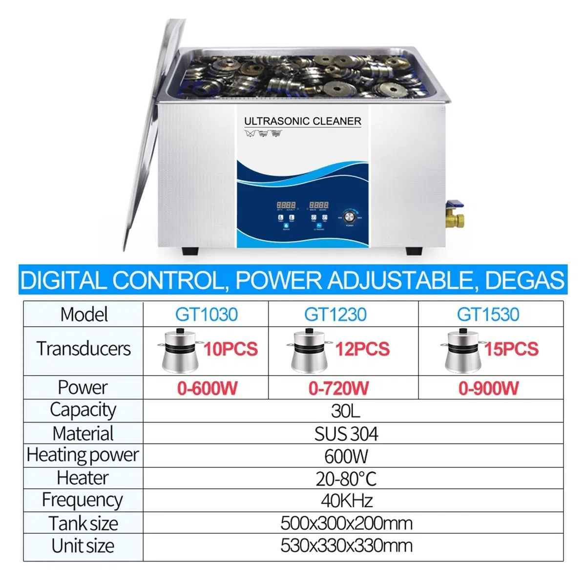 Urządzenie do czyszczenia ultradźwiękowego 30L Ultrasonic czystszy przemysłowy 0-900W Regulowany degas na płytkę drukowaną PCB Części automatycznej części sprzętowe usuwają węgiel(720W)