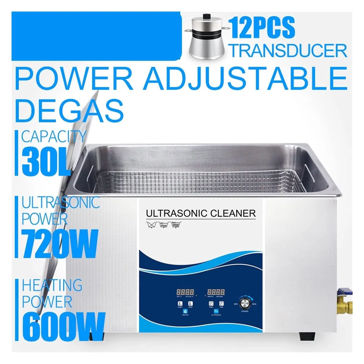 Urządzenie do czyszczenia ultradźwiękowego 30L Ultrasonic czystszy przemysłowy 0-900W Regulowany degas na płytkę drukowaną PCB Części automatycznej części sprzętowe usuwają węgiel(720W)